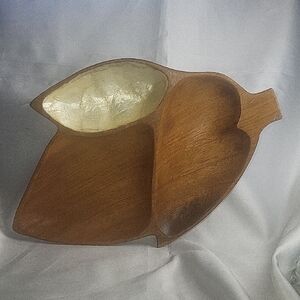 Vintage Monkey Pod Wood Leaf-Shaped Serving Tray With Capiz Shell Inlay